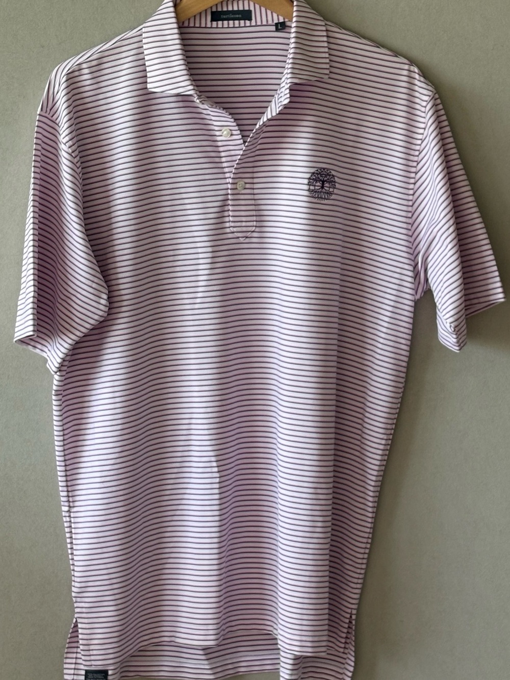 Men's Pink and White Striped Polo Shirt with Chest Emblem